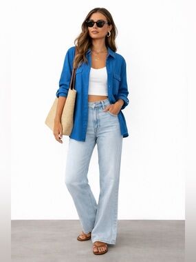 BRUNO New York 100% Linen Bright Blue Bright Button Down Top Overshirt Coastal